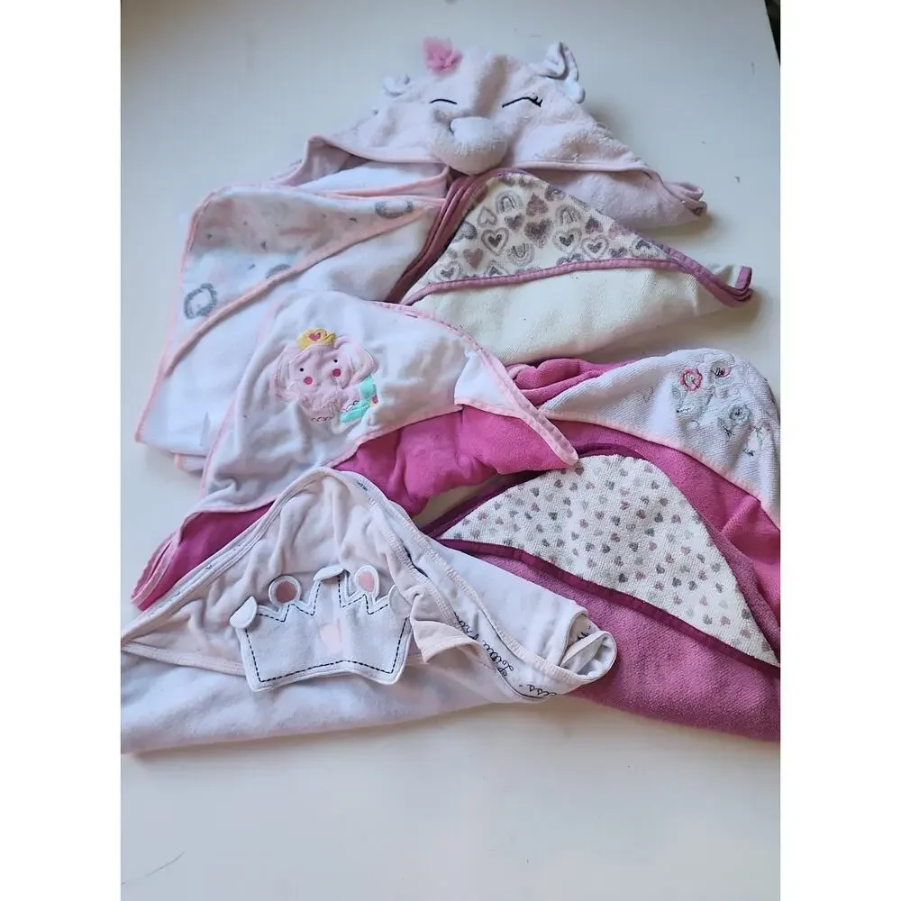 Baby Girl Infant Bath Towl Lot Pink Embroidered Floral Princess Crown Elephant